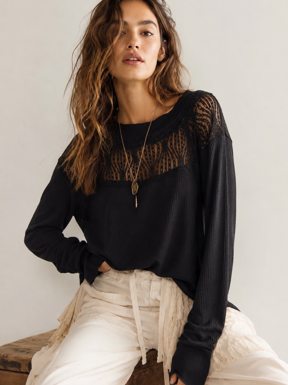 Free People "Spring Valley" Lace Inset Waffle Knit Top Oversized